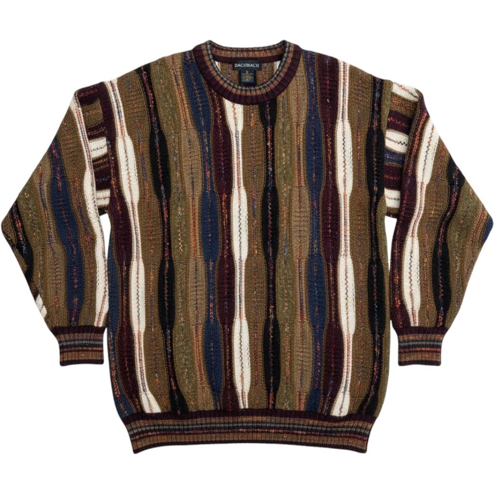 Bachrach VTG 3D Knit Sweater Mens L Blue Brown Wool Blend Coogi Style Canada
